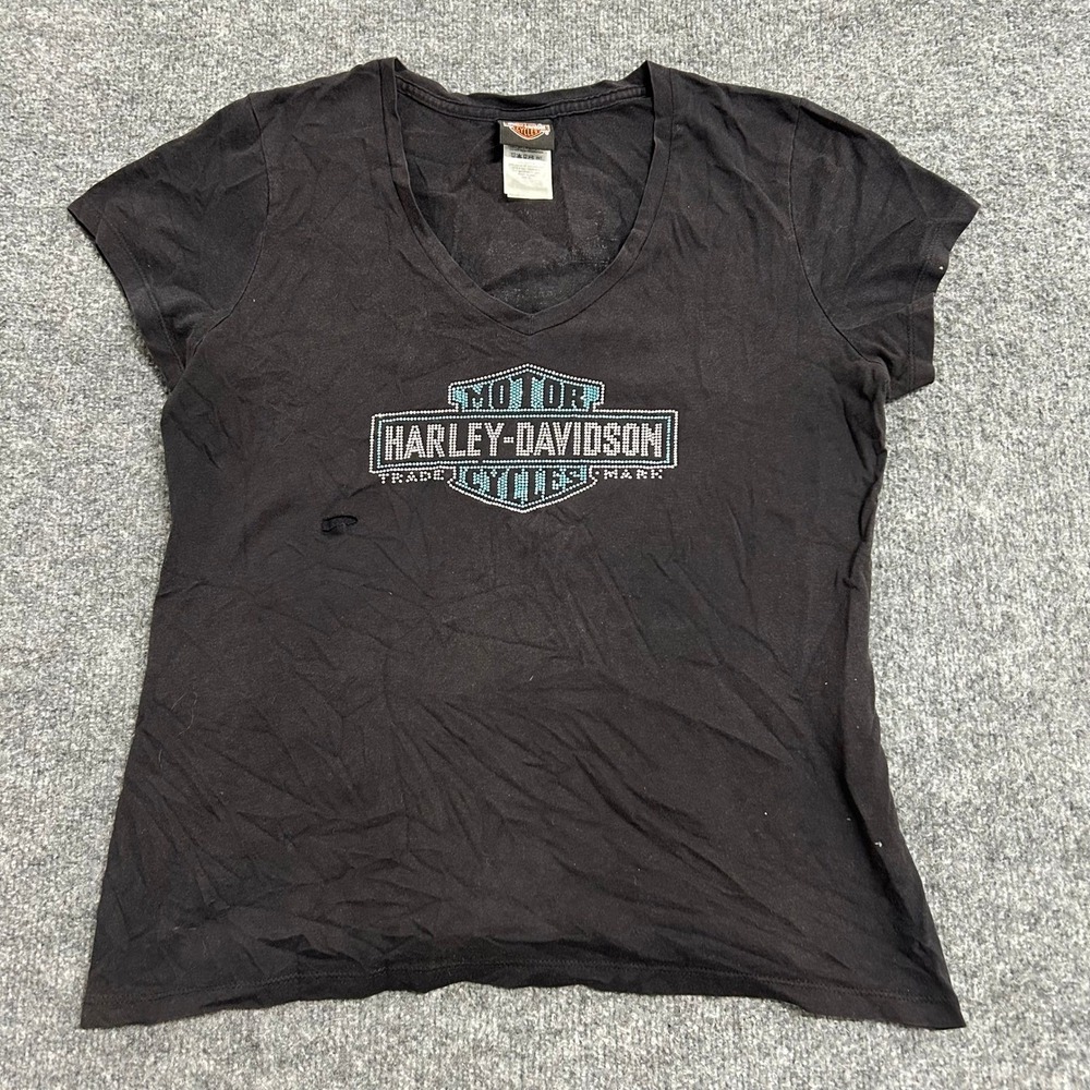 Harley-Davidson T-Shirt Womens XL Black Rhinestone Route 66 USA Made Biker Tee